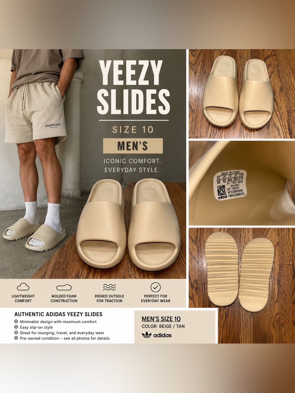 adidas Yeezy Slides Men’s Beige/Tan Slip-On Sandals Size 10